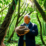 **

"A wildlife photographer, fully clothed in professional attire, carefully documents a deserted bird's nest in a lush, green forest. The nest is intricately woven with twigs and leaves, showing signs of natural wear. Sunlight filters through the canopy, creating dappled lighting. Focus on the photographer's respectful interaction with nature. Safe for work, appropriate content, perfect anatomy, natural proportions, professional photography, high quality, family-friendly."

**