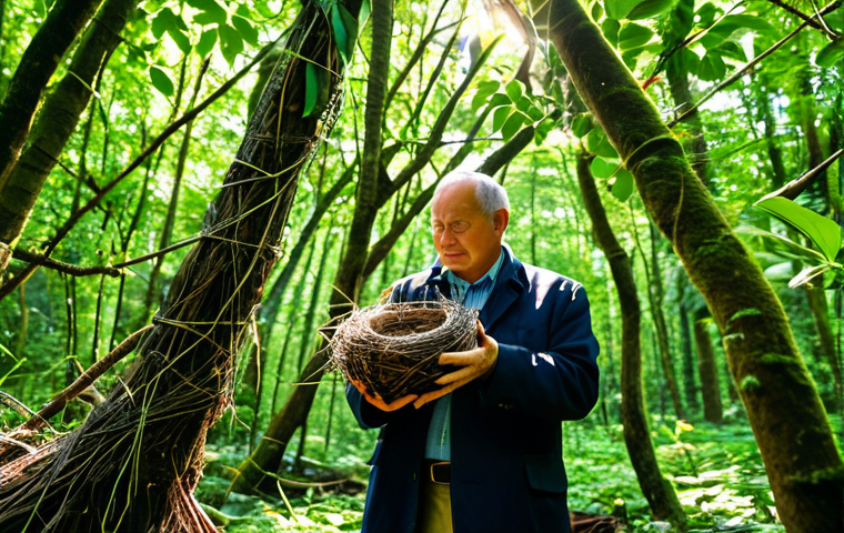 **

"A wildlife photographer, fully clothed in professional attire, carefully documents a deserted bird's nest in a lush, green forest. The nest is intricately woven with twigs and leaves, showing signs of natural wear. Sunlight filters through the canopy, creating dappled lighting. Focus on the photographer's respectful interaction with nature. Safe for work, appropriate content, perfect anatomy, natural proportions, professional photography, high quality, family-friendly."

**